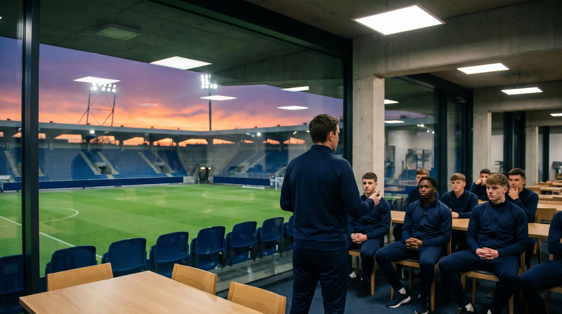 Seminar in der Lounge in der Abenddämmerung, Blick auf das Stadion