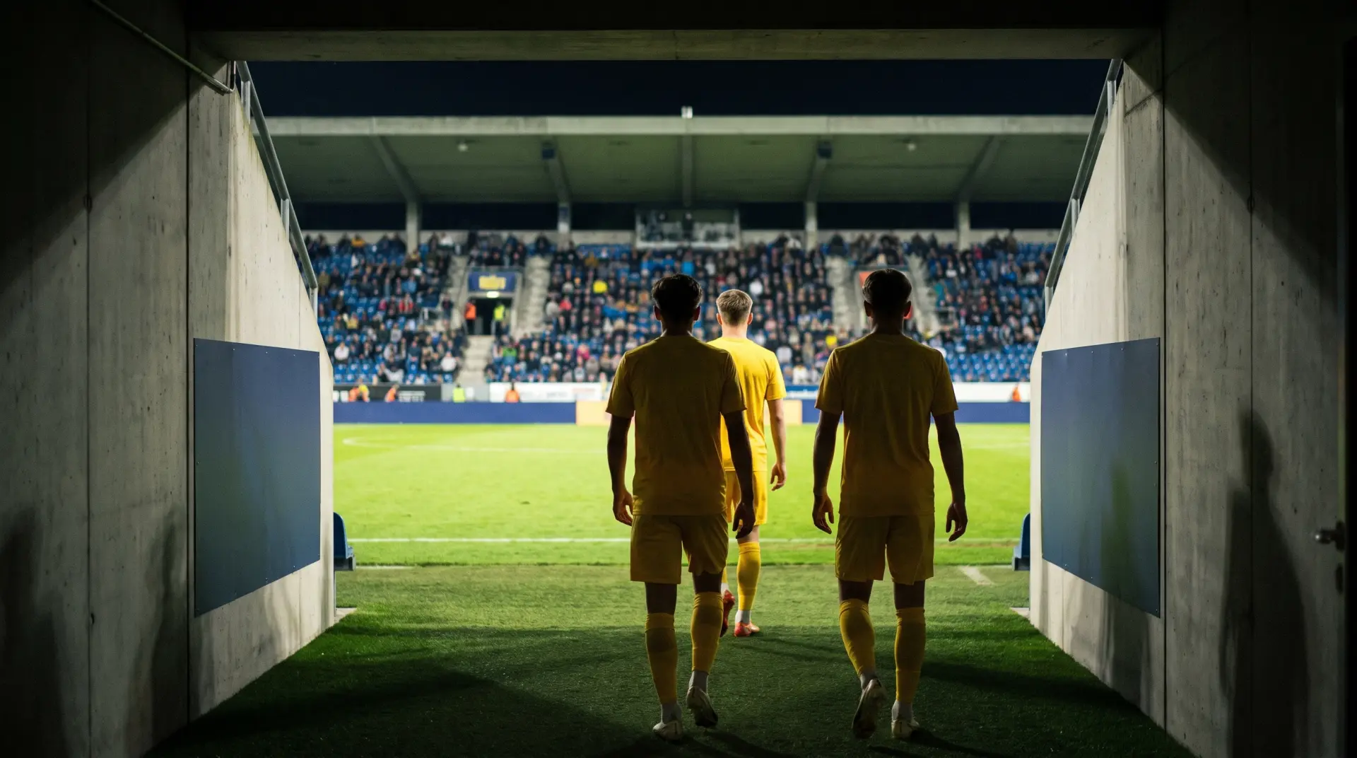 Blick aus dem Spielertunnel auf das Flutlicht